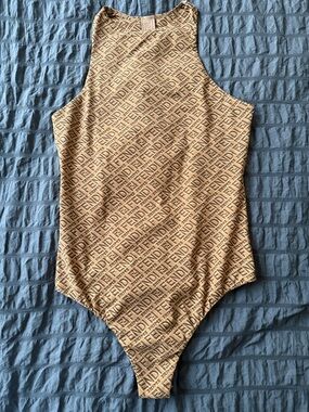SKIMS x Fendi Beige Logo-Print High-Neck Bodysuit